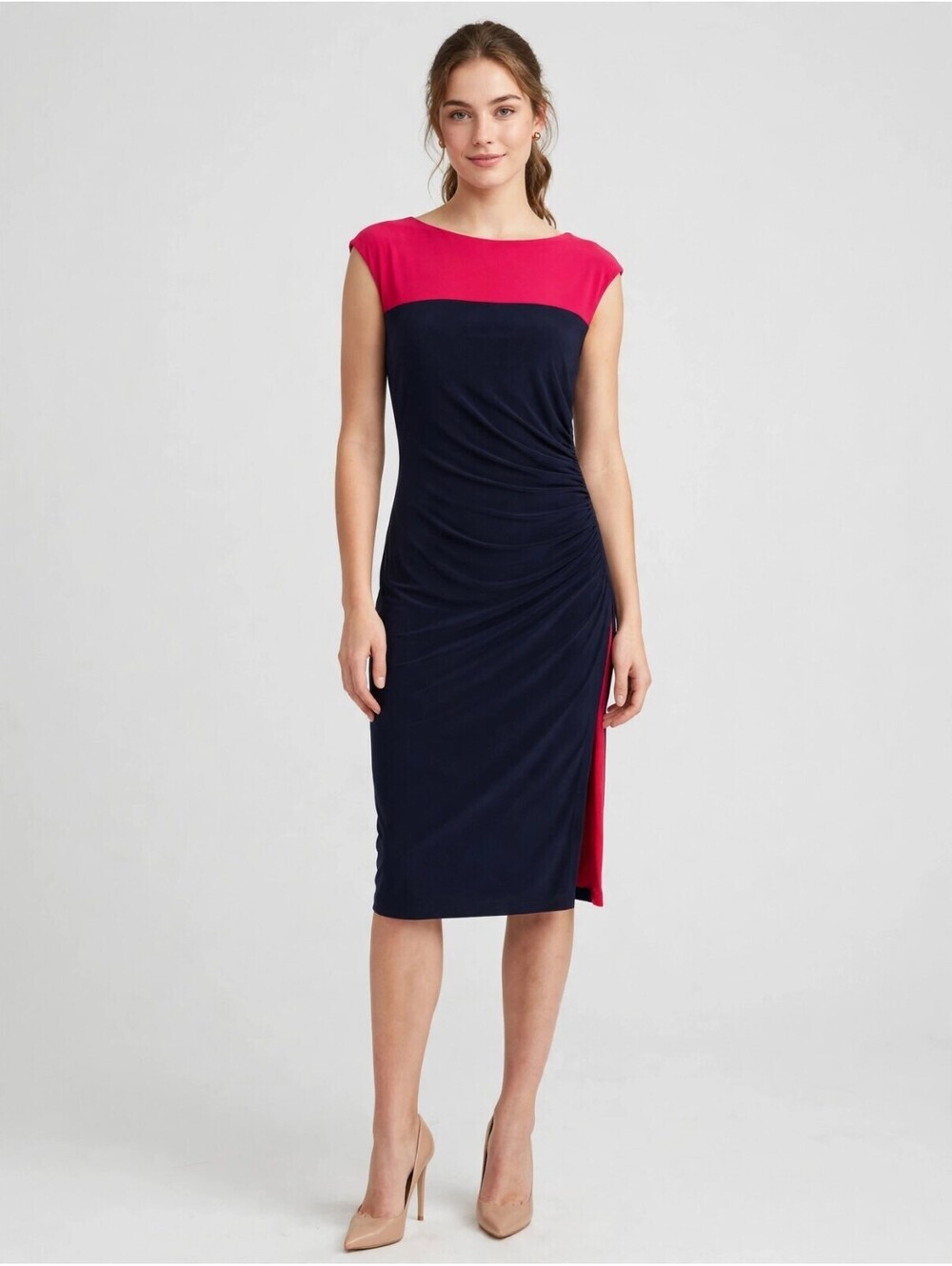 Chaps Women's Colorblock Ruched Midi Dress in Navy and Pink, Size Large